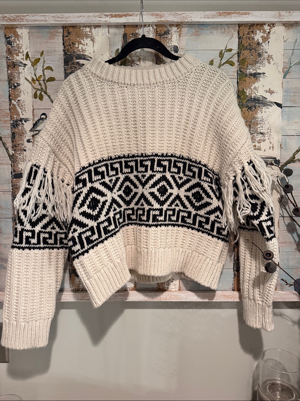 H&M Cream & Black Geometric Fringe Crewneck Sweater